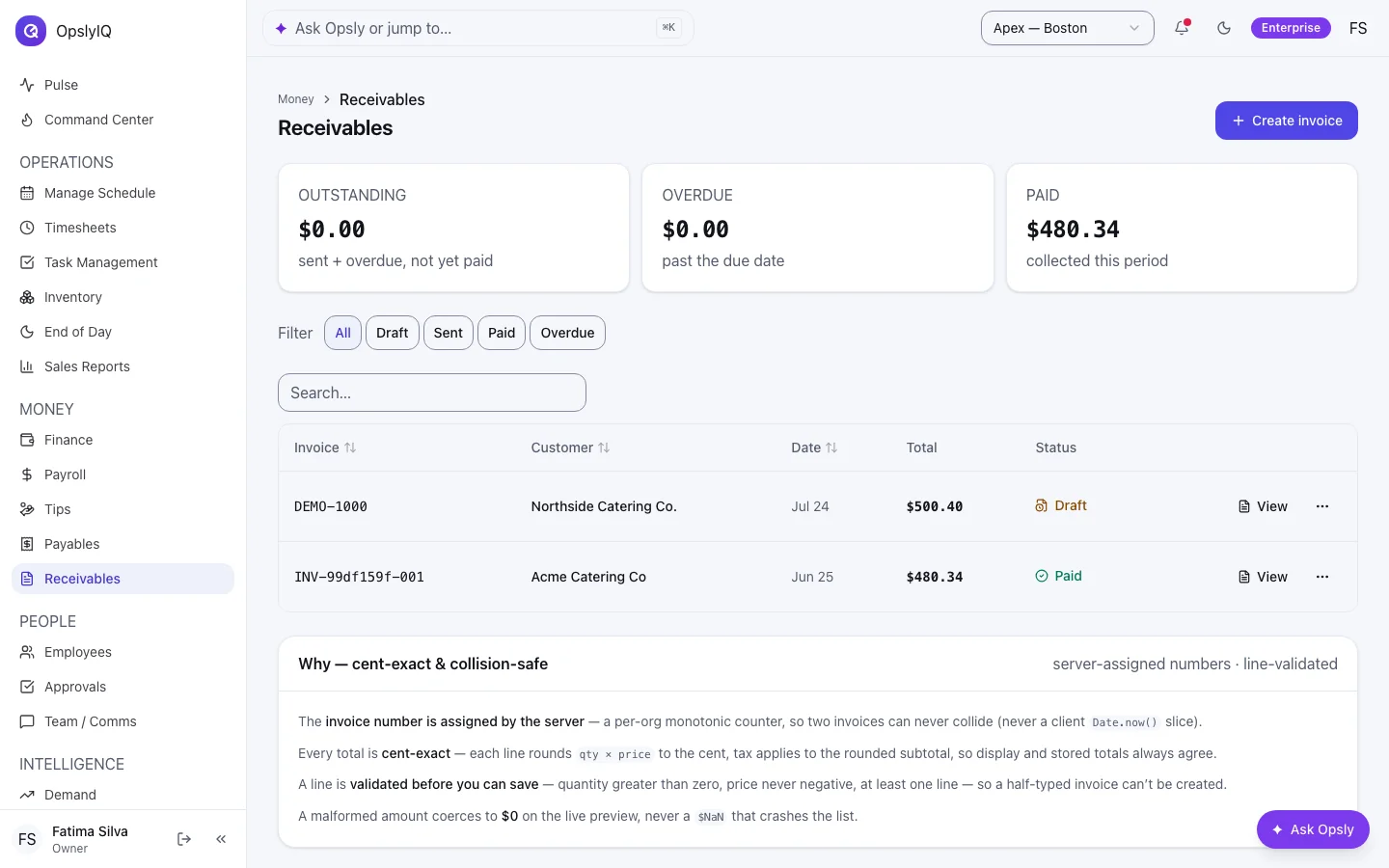 Receivables — cent-exact invoices, safe-to-spend